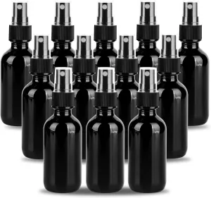 2oz Glass Spray Bottle, Fine Mist Boston Glass Bottles with Black Fine Mist Sprayer Small Clear Bottles for Essential Oils, Bath, Beauty, Hair & Cleaning, UV Black, Pack of 12