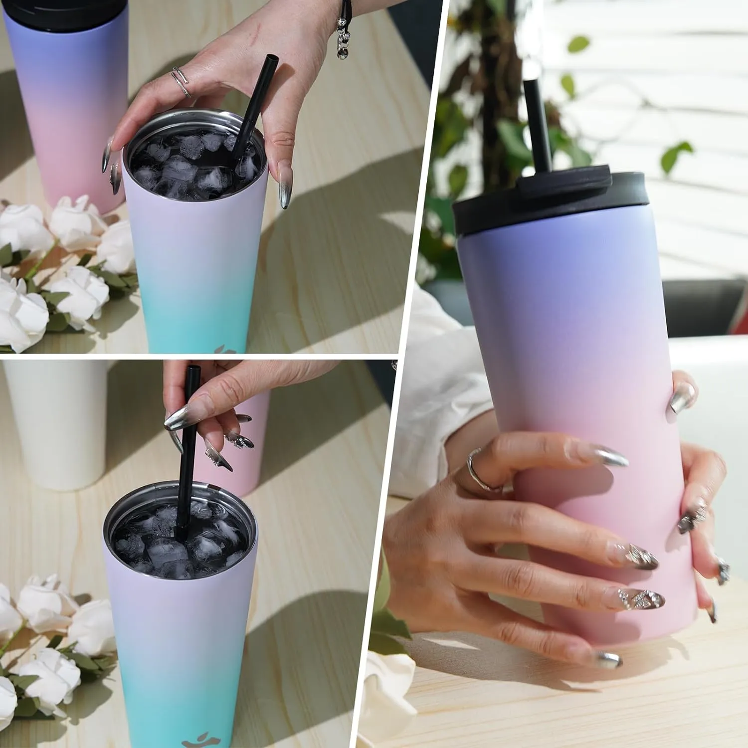 30 OZ Insulated Tumbler with Lid and 2 Straws Stainless Steel Water Bottle Vacuum Travel Mug Coffee Cup,Angel White