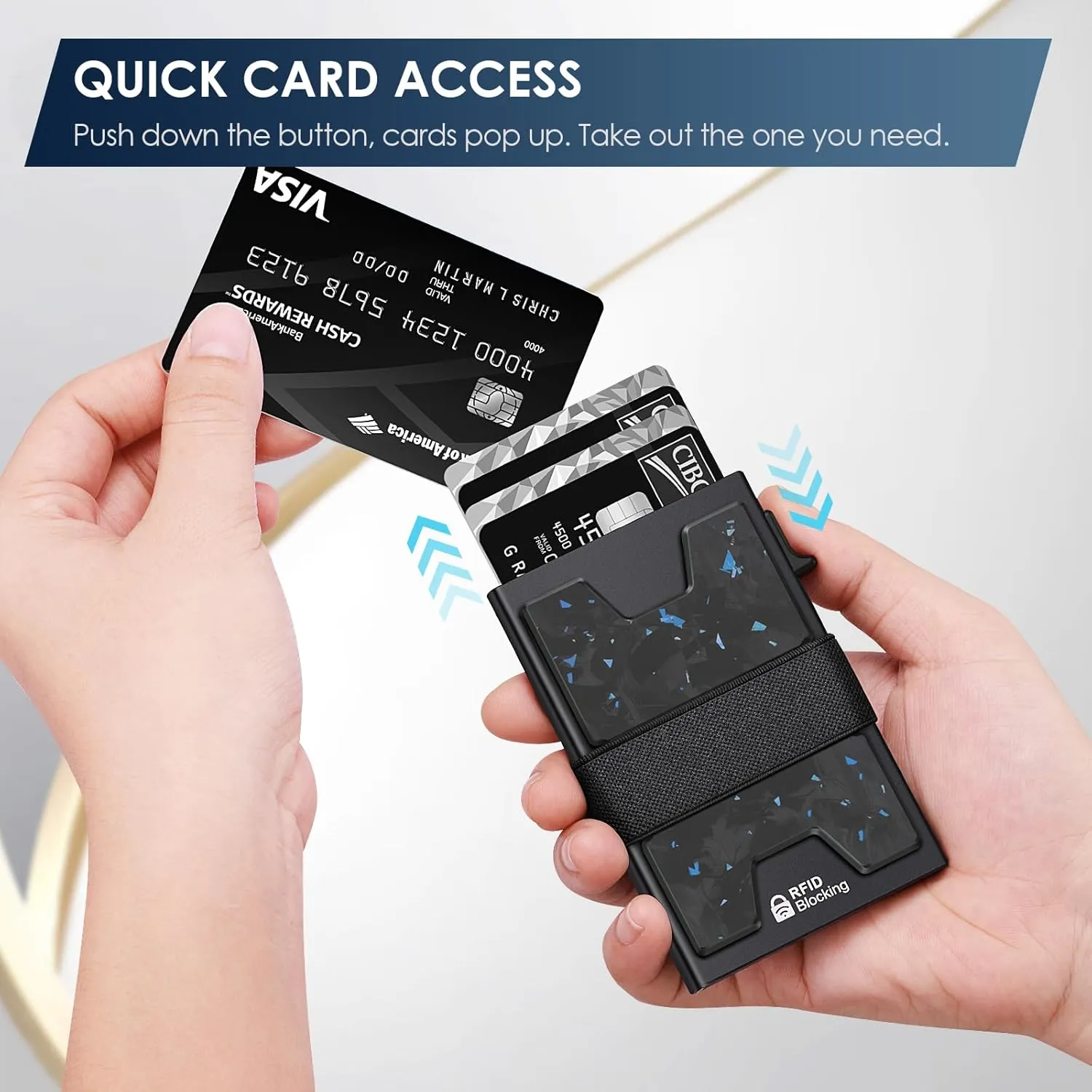 AUTLEY Slim Card Holder, Minimalist Pop Up Wallet for Men, RFID Blocking Mens Wallet with Cash Band (Blue Spot Carbon Fiber)