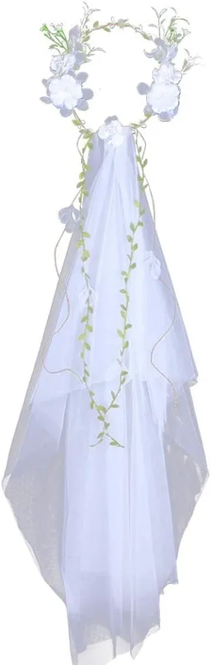 Beaupretty Wedding Bridal Veil Floral Garland Veil Flower Crown Veil Boho for Wedding Beach White