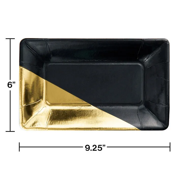 Black & Gold Foil Rectangular Paper Plates (8/Pkg)