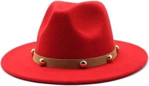 Cap Single-Color Autumn and Winter Wool Felt Hats Simple Rivet Belt Woolen Top Hat, Flat Brim Large Brim Jazz Hat Fengyan Cowboy Hats (Color : Rose Red, Size : Large(59-61cm))