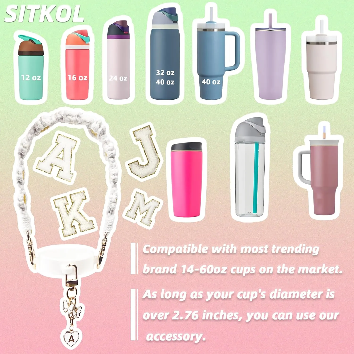 Cute Letter Charm Set Compatible with Owala Water Bottle 24 oz, 32 oz, 40 oz, Owala Kids, Owala Coffee Tumbler, Owala FreeSip  Includes Handle Strap, for Owala Accessories & Stanley Cup Accessories