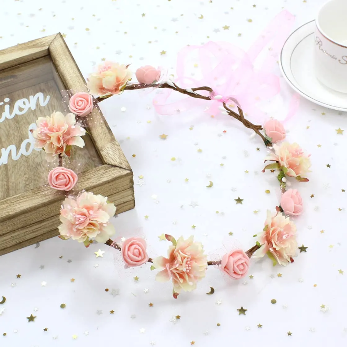 DDazzling Girls Breath Crown Flower Girl crown Floral Headband Wedding Hair Wreath Photo Props (Baby Pink)