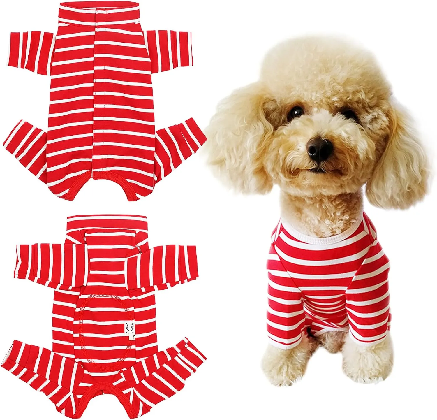 Dogs Recovery Suit Post Surgery Shirt for Puppy, Full Coverage Dog's Bodysuit Wound Protective Surgical Clothes for Small and Medium Pets (red White Stripe-XXS)