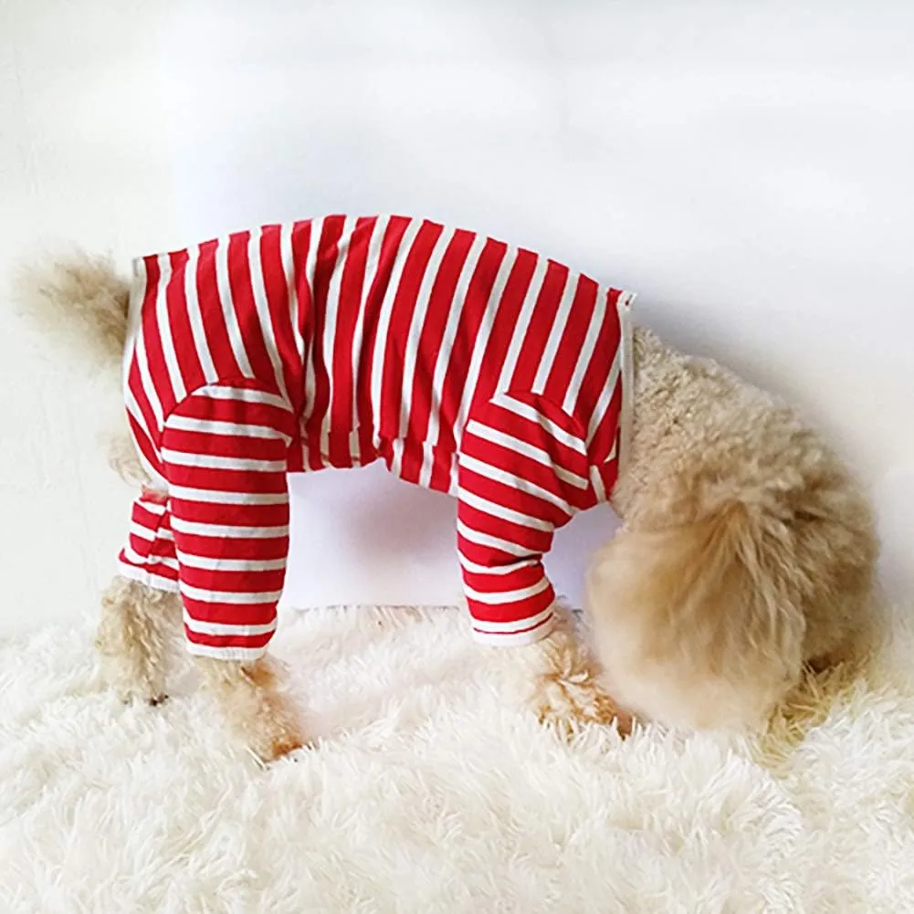 Dogs Recovery Suit Post Surgery Shirt for Puppy, Full Coverage Dog's Bodysuit Wound Protective Surgical Clothes for Small and Medium Pets (red White Stripe-XXS)