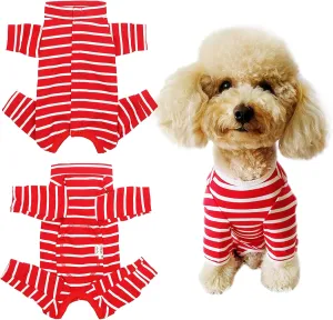 Dogs Recovery Suit Post Surgery Shirt for Puppy, Full Coverage Dog's Bodysuit Wound Protective Surgical Clothes for Small and Medium Pets (red White Stripe-XXS)