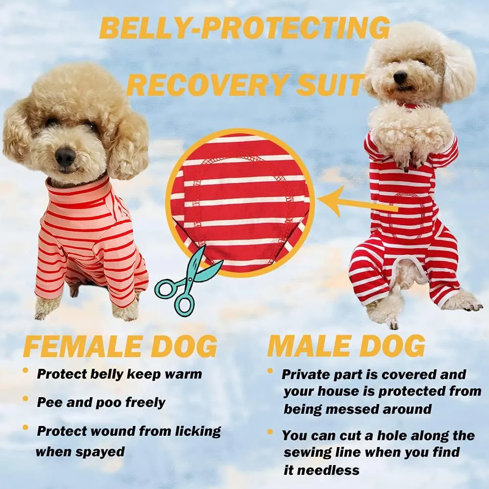 Dogs Recovery Suit Post Surgery Shirt for Puppy, Full Coverage Dog's Bodysuit Wound Protective Surgical Clothes for Small and Medium Pets (red White Stripe-XXS)