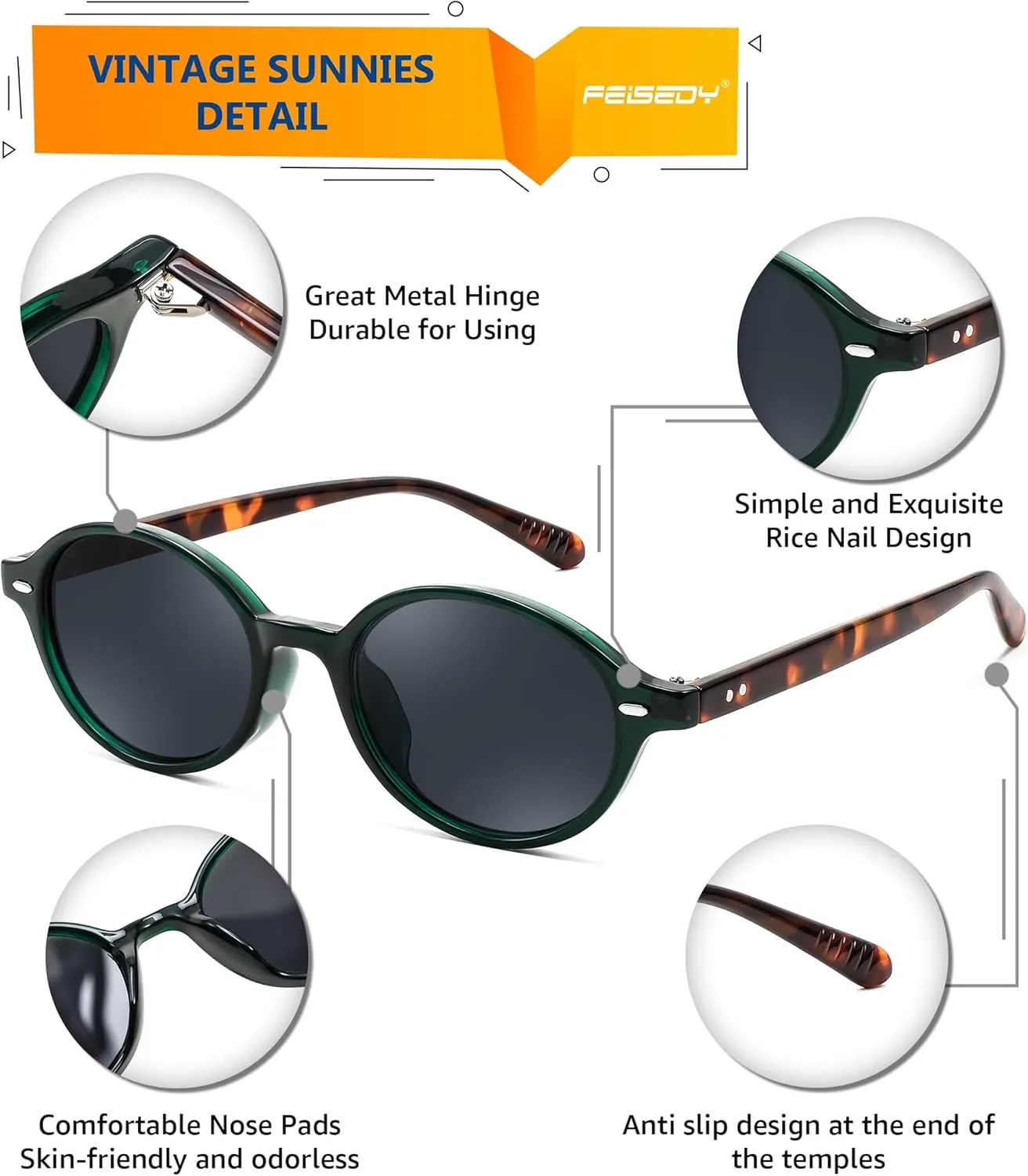 FEISEDY Retro Oval Sunglasses for Women 90s Narrow Round Lightweight Shades Y2k Trendy Sunnies B1171