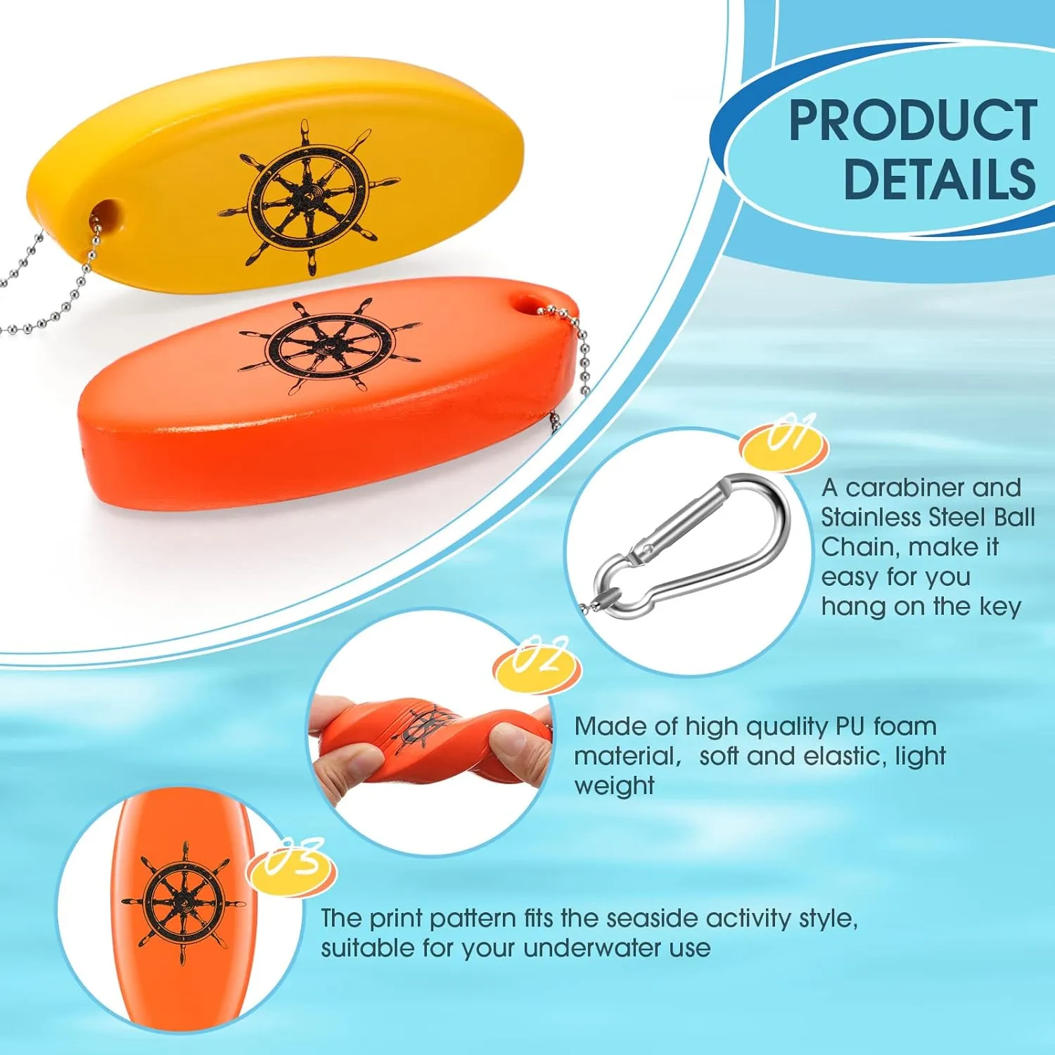 Floating Keychain Oval Shaped Foam Floating Key Ring Glow in the Dark for Surfing Swimming Outdoor Water Sport Accessories