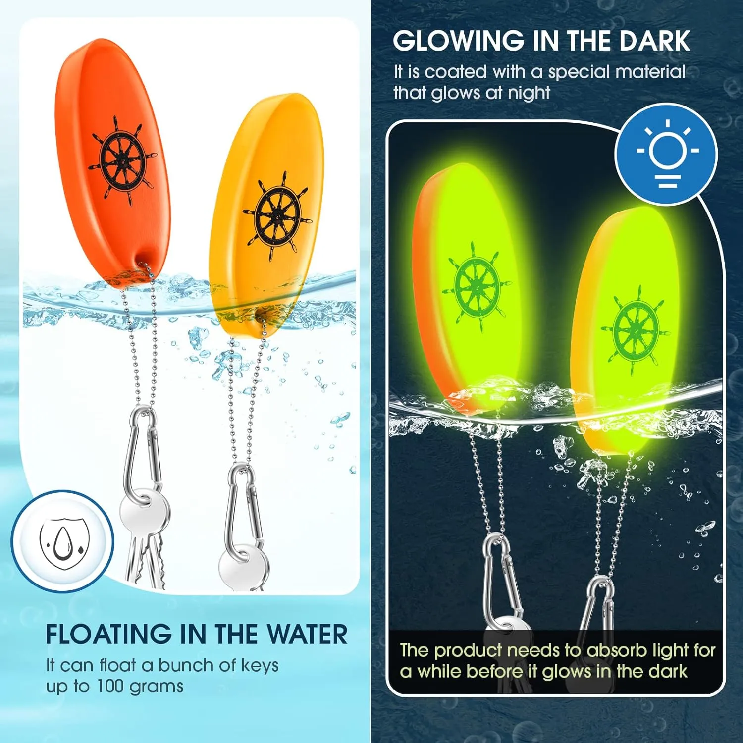 Floating Keychain Oval Shaped Foam Floating Key Ring Glow in the Dark for Surfing Swimming Outdoor Water Sport Accessories