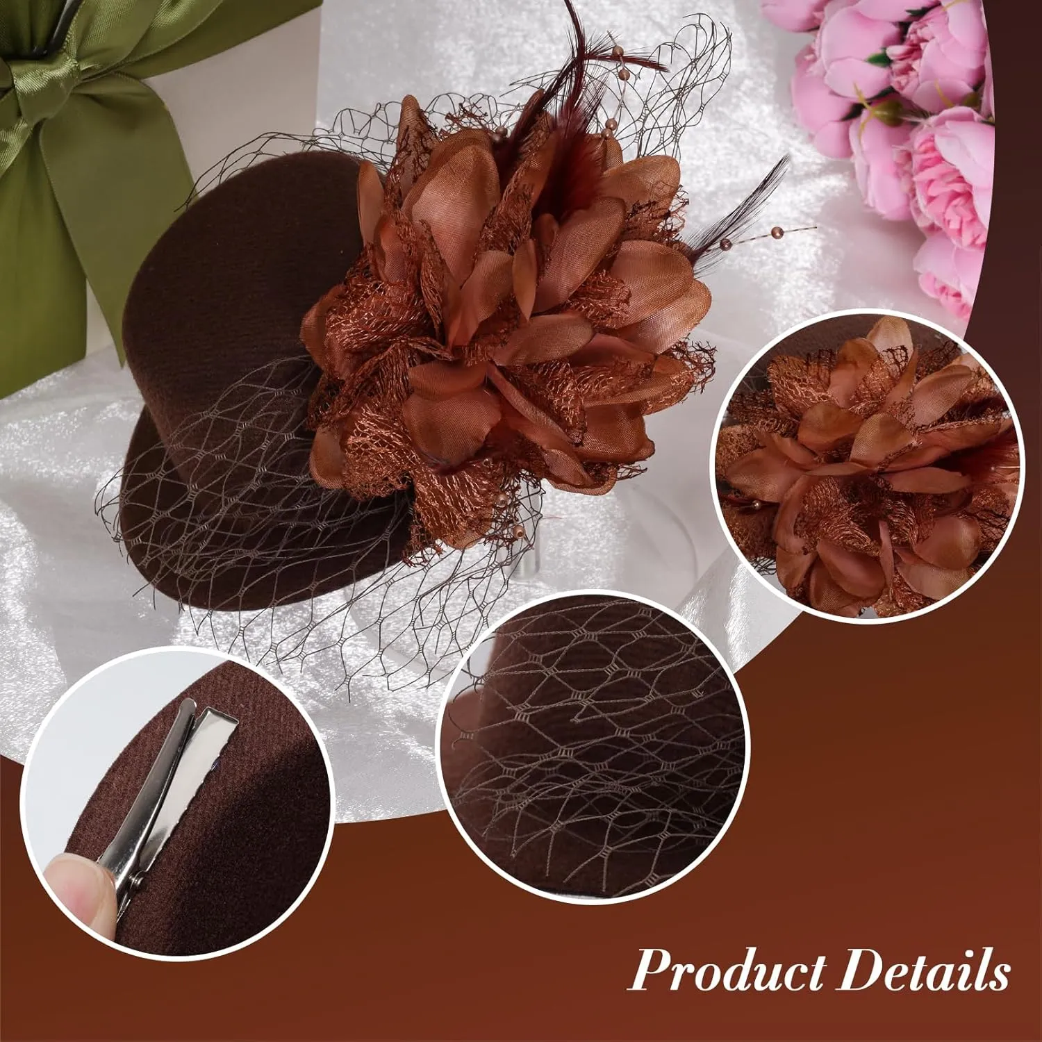 Fumwase Flower Mini Top Hat Hair Clip Small Tea Party Hats Fancy Hats with Clip Fascinators Headwear for Women Ladies