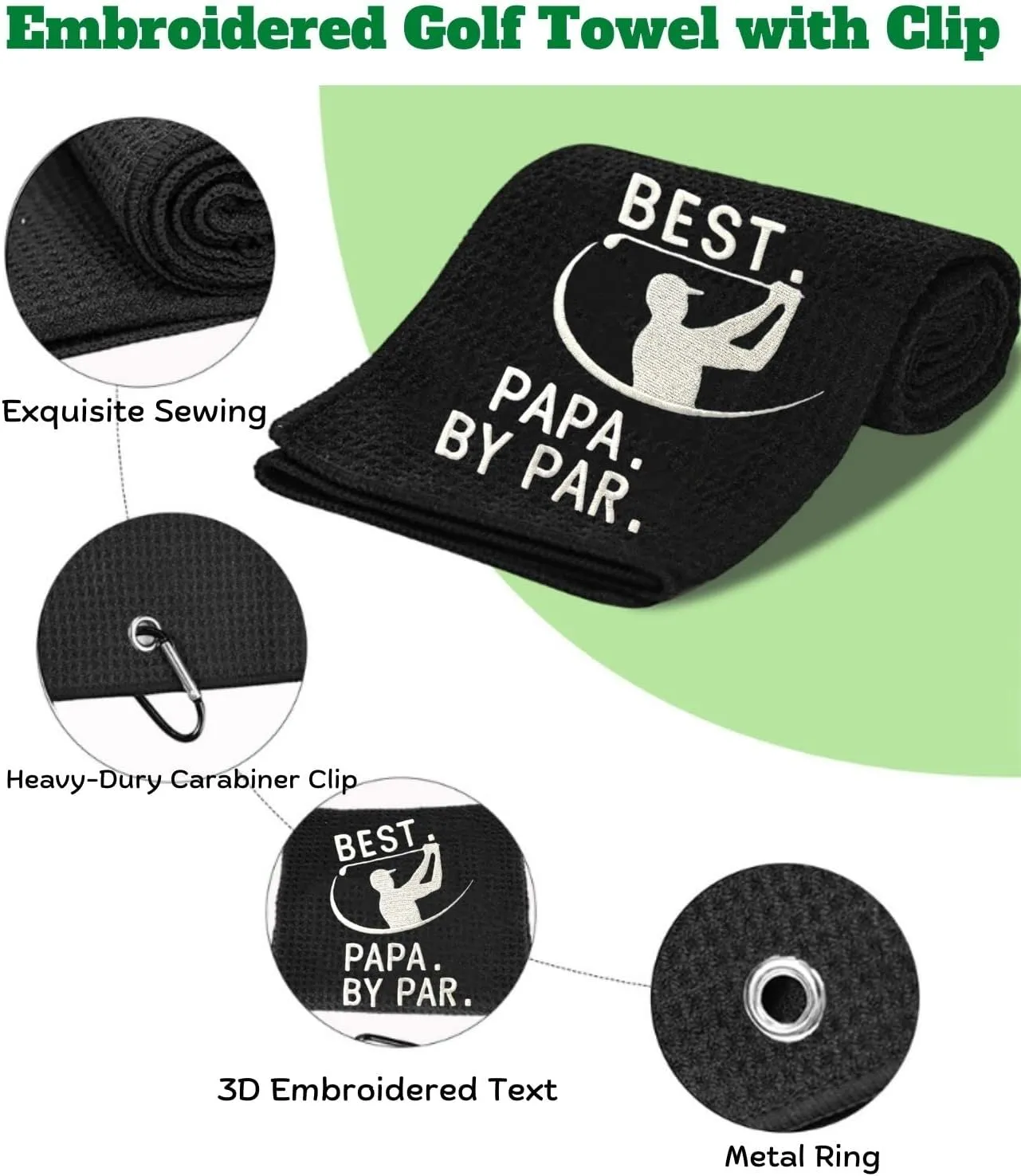 Funny Golf Towel - Best PAPA by Par, Gifts for Men, Accessories, Embroidered Towels for Bags With Clip, Black