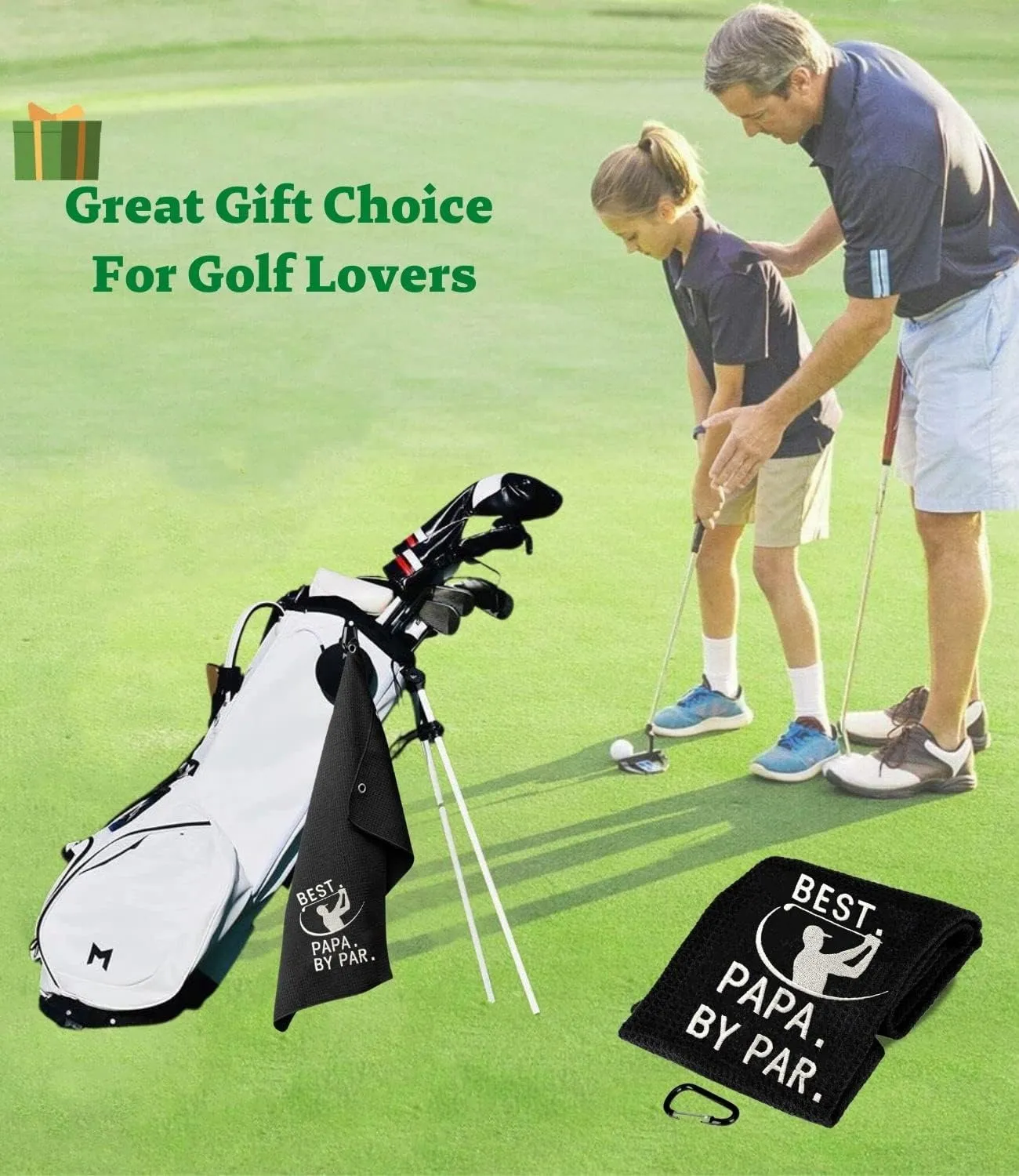 Funny Golf Towel - Best PAPA by Par, Gifts for Men, Accessories, Embroidered Towels for Bags With Clip, Black