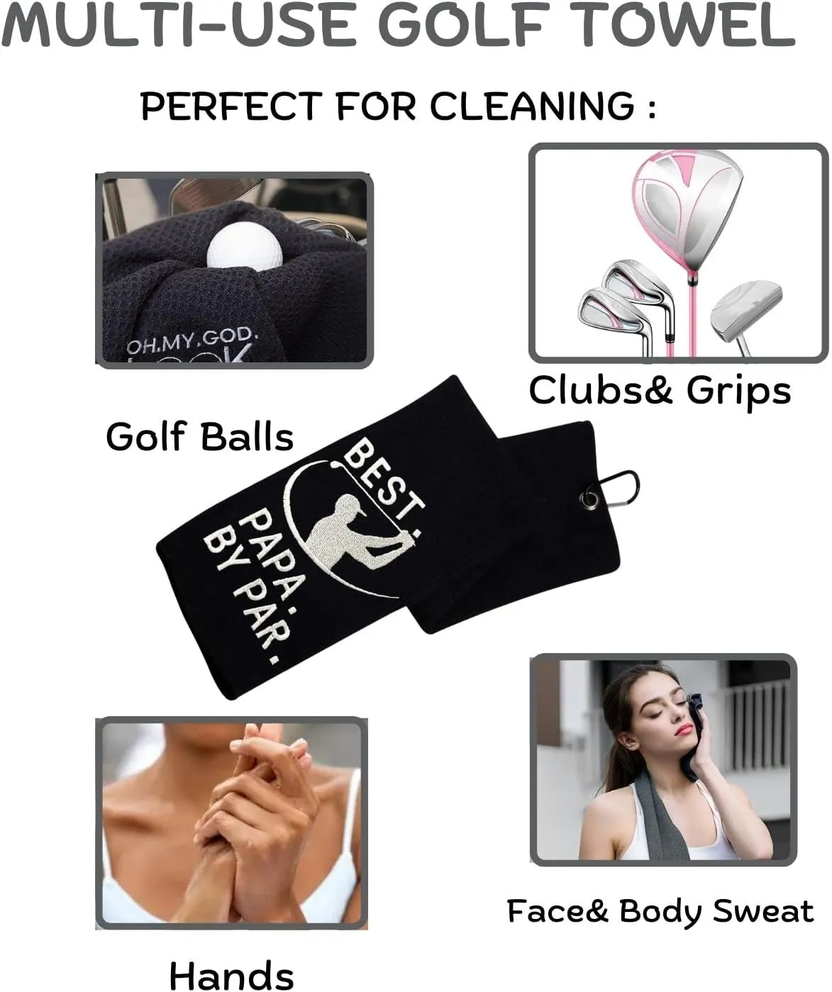 Funny Golf Towel - Best PAPA by Par, Gifts for Men, Accessories, Embroidered Towels for Bags With Clip, Black
