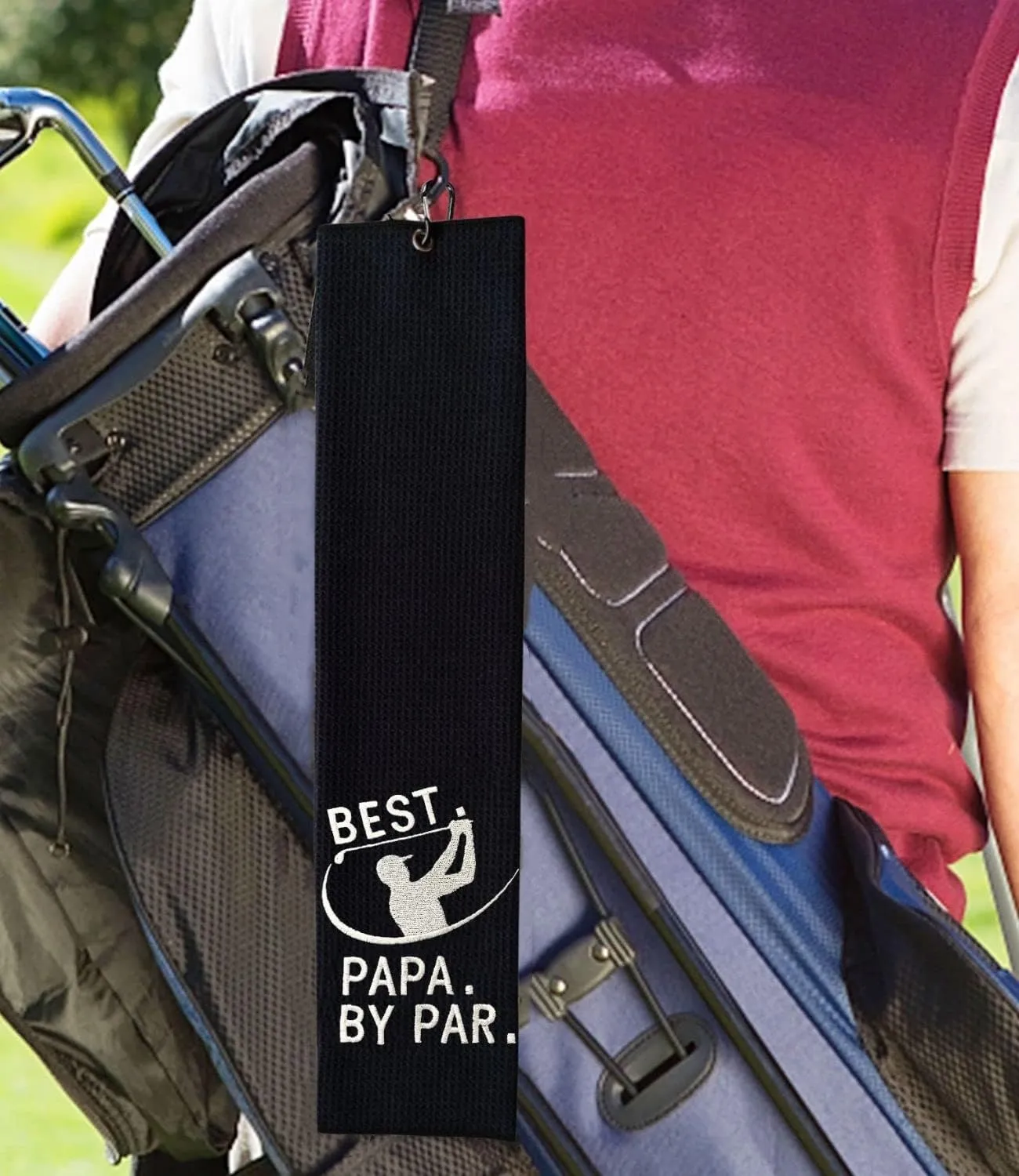 Funny Golf Towel - Best PAPA by Par, Gifts for Men, Accessories, Embroidered Towels for Bags With Clip, Black