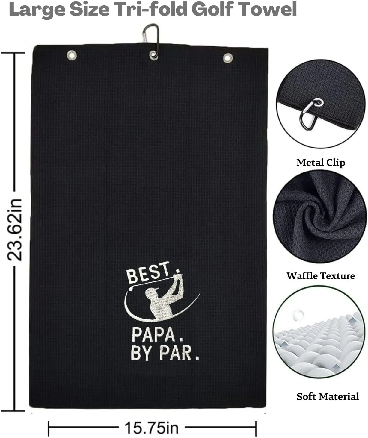 Funny Golf Towel - Best PAPA by Par, Gifts for Men, Accessories, Embroidered Towels for Bags With Clip, Black