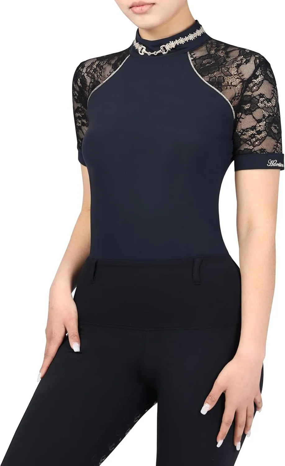 Harrison Howard Women's Slim Fit Show Shirt with Lace Sleeves and Iconic Bit Breathable Comfortable Rider Top