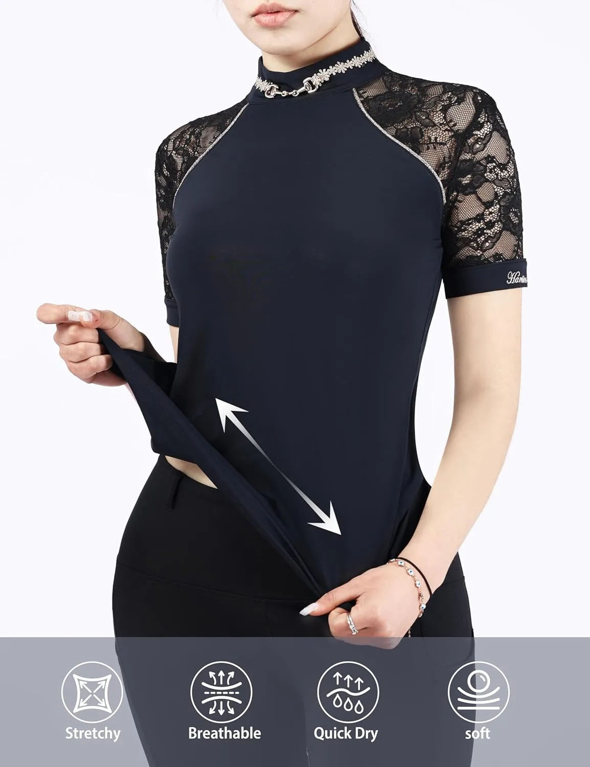 Harrison Howard Women's Slim Fit Show Shirt with Lace Sleeves and Iconic Bit Breathable Comfortable Rider Top