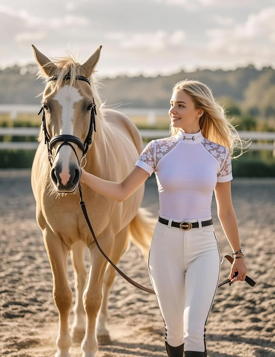Harrison Howard Women's Slim Fit Show Shirt with Lace Sleeves and Iconic Bit Breathable Comfortable Rider Top
