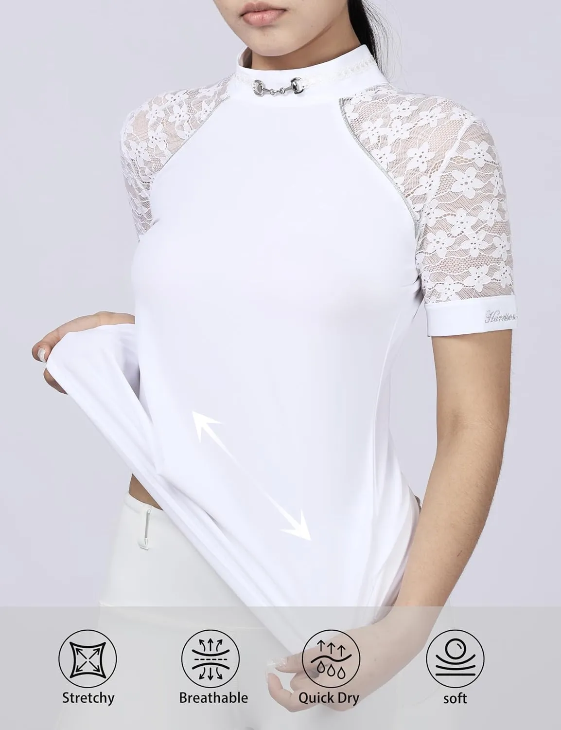 Harrison Howard Women's Slim Fit Show Shirt with Lace Sleeves and Iconic Bit Breathable Comfortable Rider Top