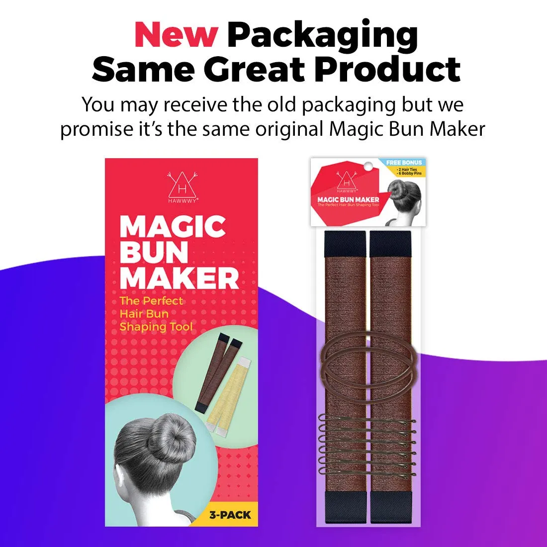 Hawwwy 2-Piece Hair Bun Maker  Bonus Hair Ties and Bobby Pins, Easy Fast Snap Roll