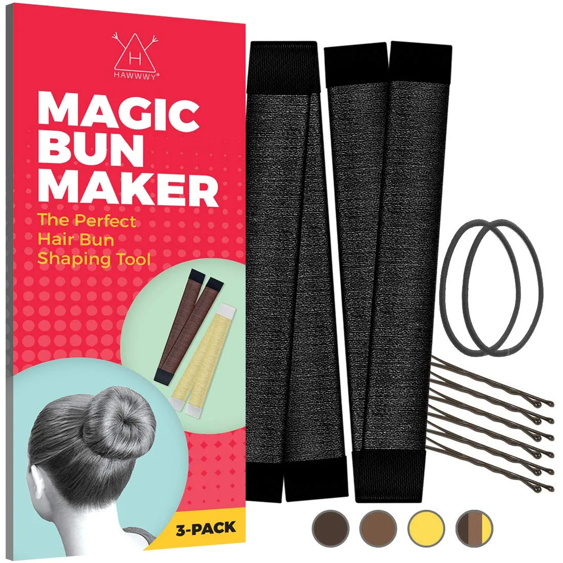 Hawwwy 2-Piece Hair Bun Maker  Bonus Hair Ties and Bobby Pins, Easy Fast Snap Roll