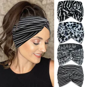 IVARYSS Extra Wide Boho Headbands for Women Non-Slip, 7'' Large Twist Knotted Stretchy Wraps Head Bands Hair Accessories, 4 Pack, White and Black