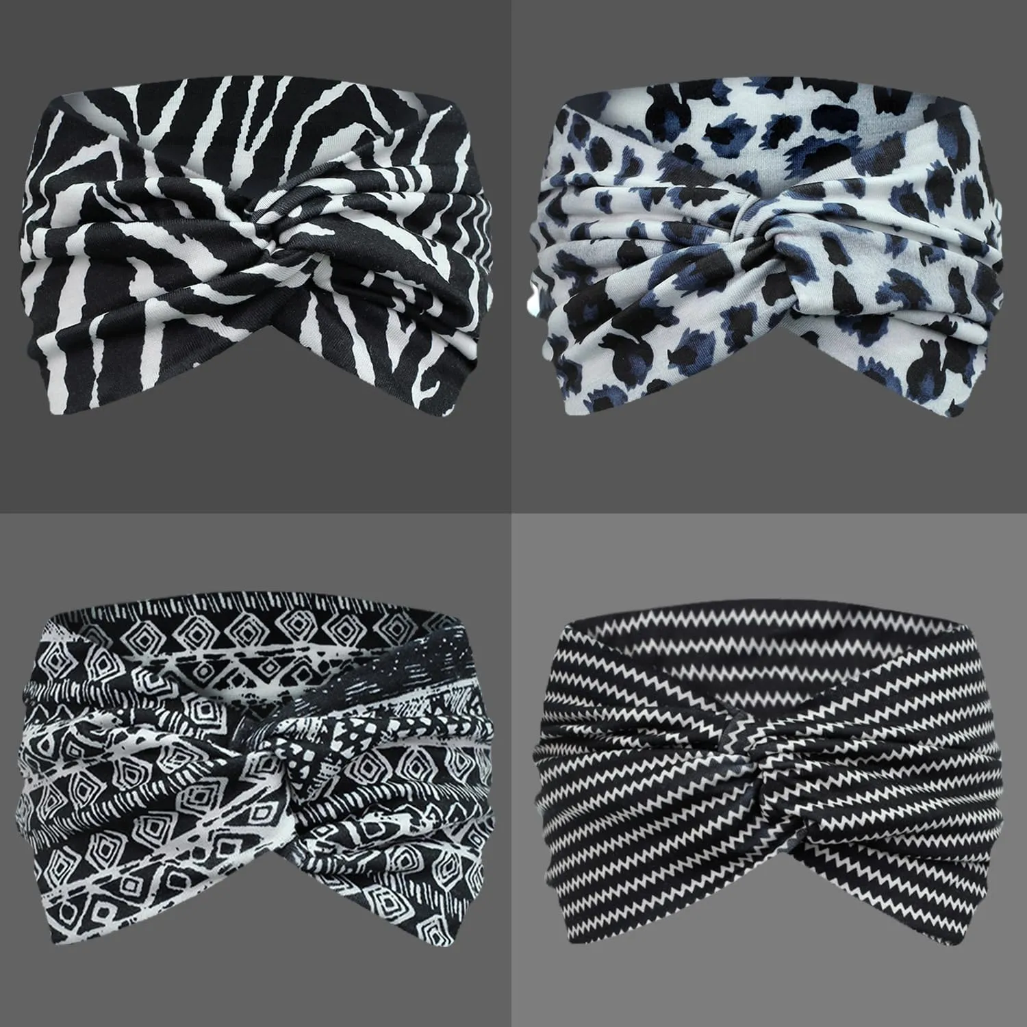 IVARYSS Extra Wide Boho Headbands for Women Non-Slip, 7'' Large Twist Knotted Stretchy Wraps Head Bands Hair Accessories, 4 Pack, White and Black