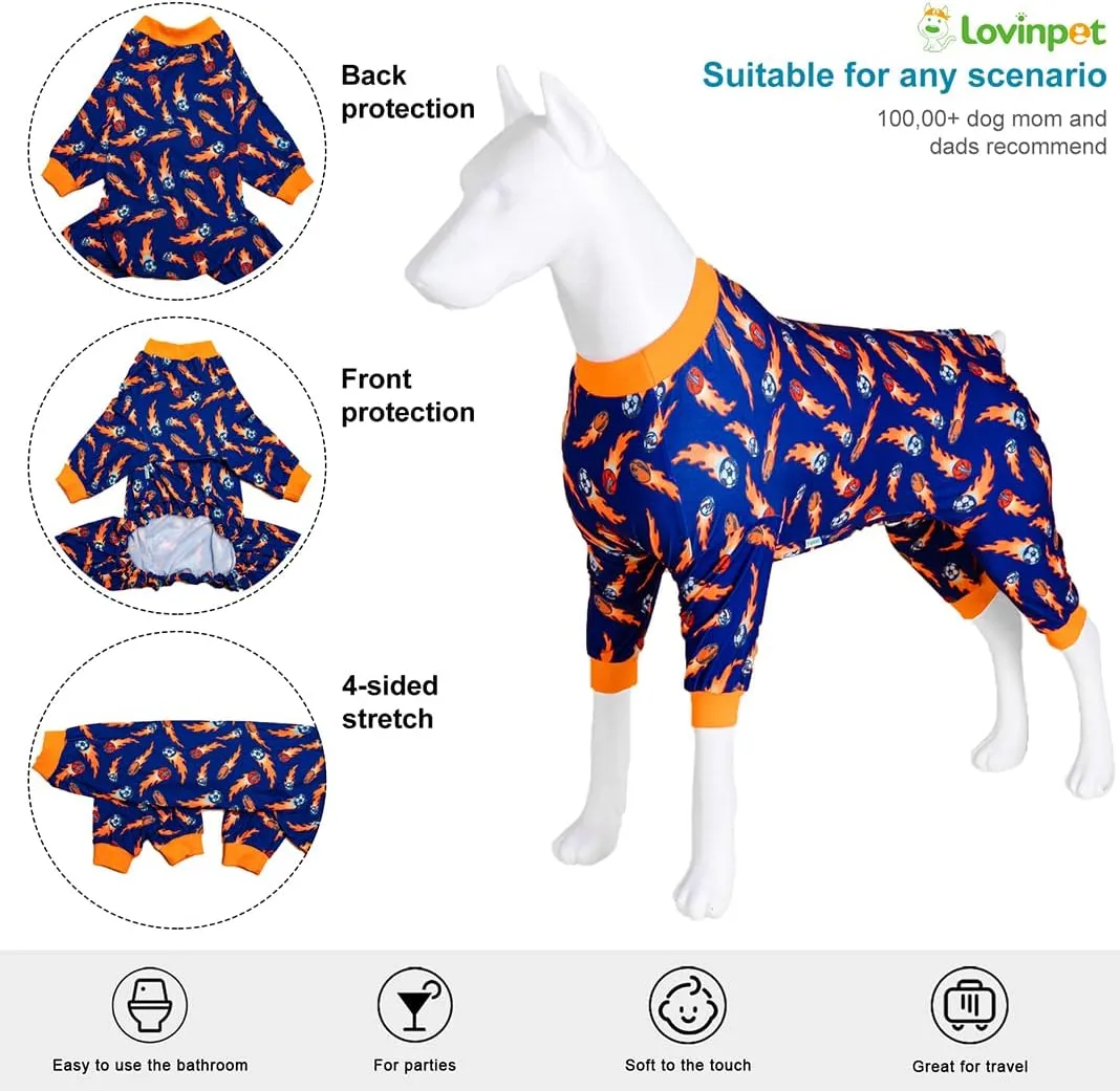 LovinPet Jammies for Pitbulls, Lightweight Stretchy Fabric, Ball Print, Post Surgery Dog Onesie, UV Protection, Pet Pajamas for Dogs, Easy to Wear Adorable Dog Jumpsuit, Blue M