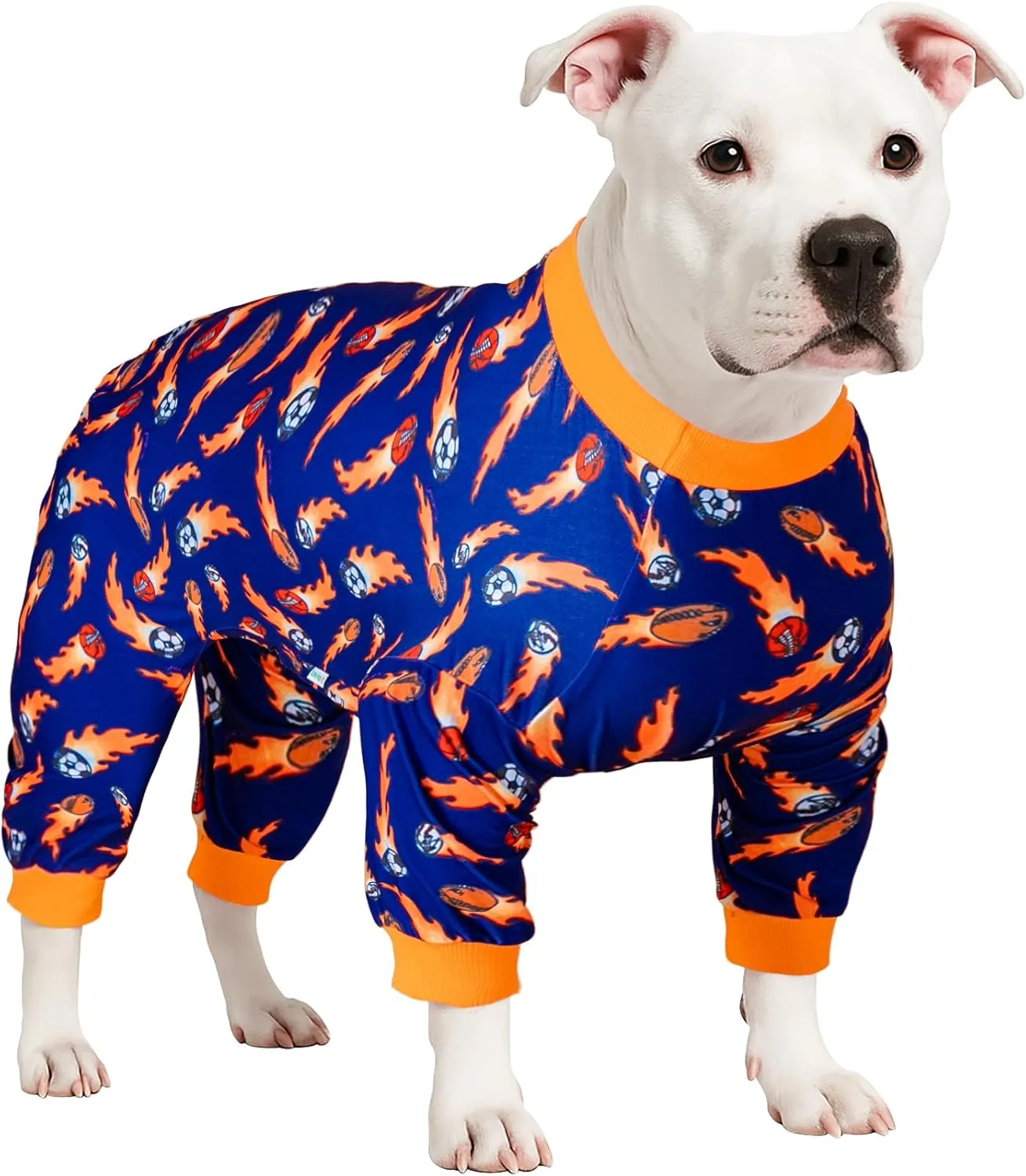 LovinPet Jammies for Pitbulls, Lightweight Stretchy Fabric, Ball Print, Post Surgery Dog Onesie, UV Protection, Pet Pajamas for Dogs, Easy to Wear Adorable Dog Jumpsuit, Blue M