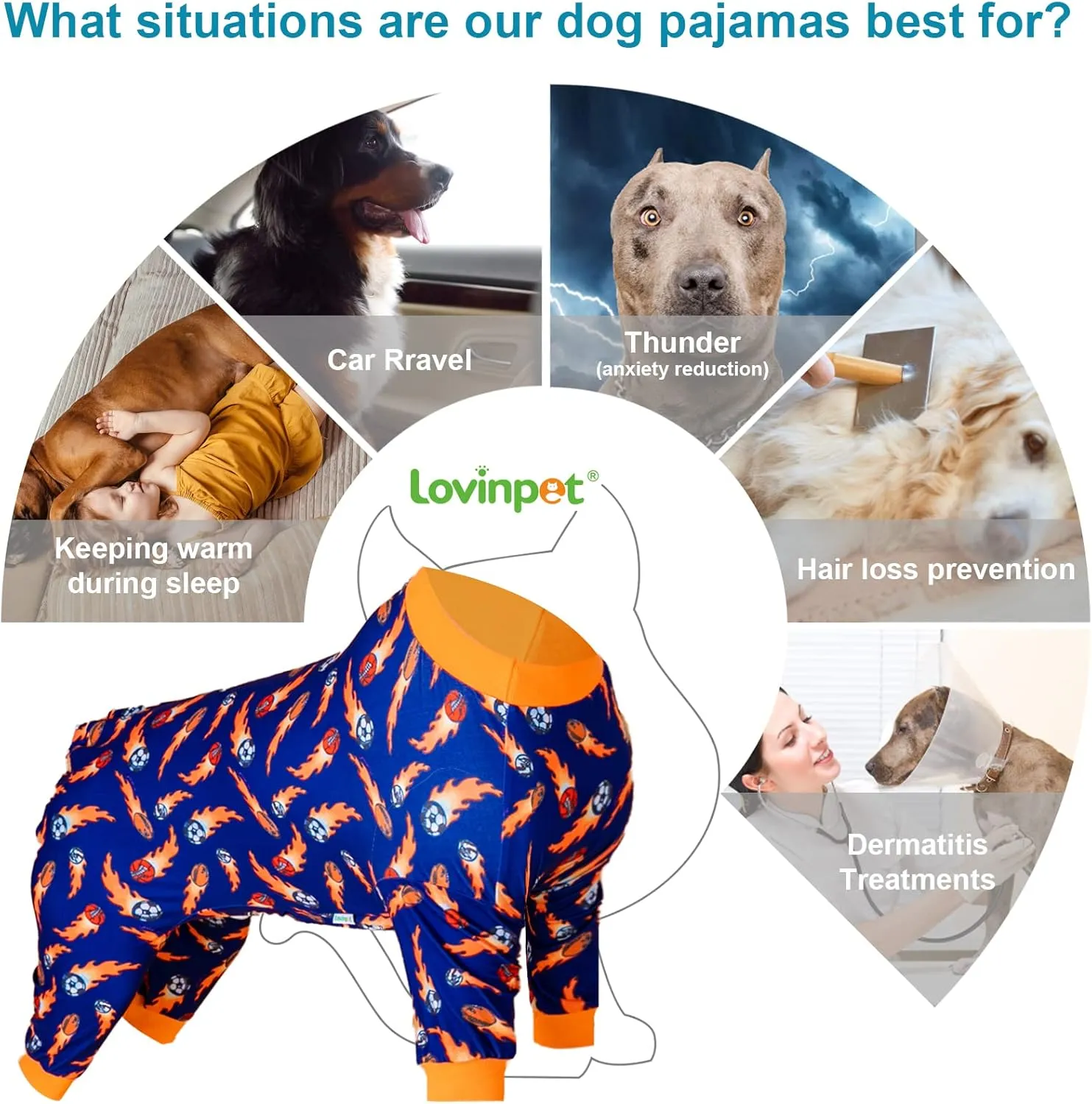 LovinPet Jammies for Pitbulls, Lightweight Stretchy Fabric, Ball Print, Post Surgery Dog Onesie, UV Protection, Pet Pajamas for Dogs, Easy to Wear Adorable Dog Jumpsuit, Blue M