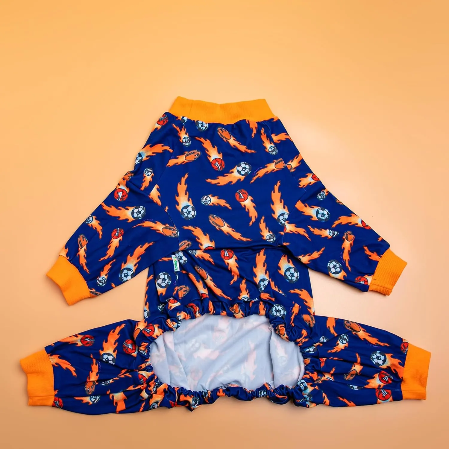 LovinPet Jammies for Pitbulls, Lightweight Stretchy Fabric, Ball Print, Post Surgery Dog Onesie, UV Protection, Pet Pajamas for Dogs, Easy to Wear Adorable Dog Jumpsuit, Blue M