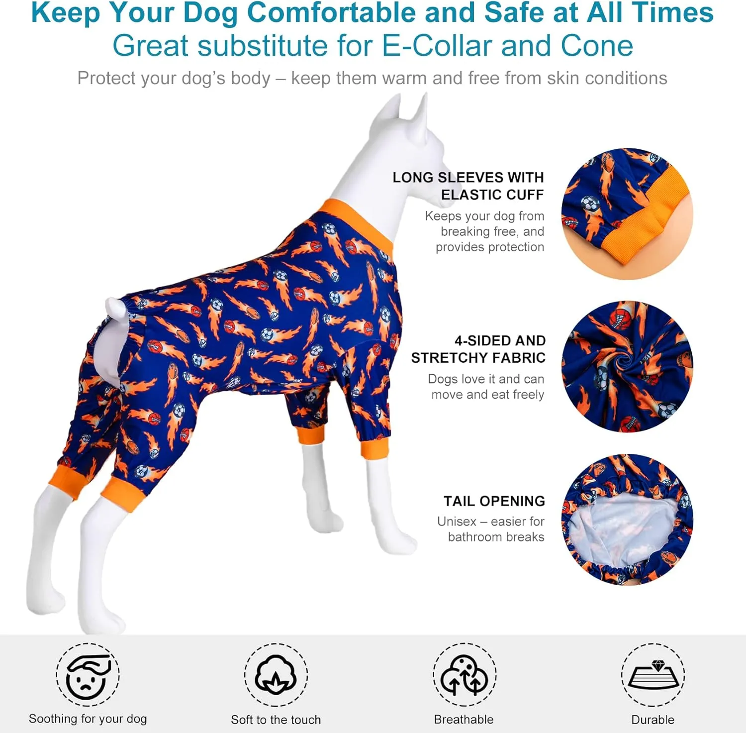 LovinPet Jammies for Pitbulls, Lightweight Stretchy Fabric, Ball Print, Post Surgery Dog Onesie, UV Protection, Pet Pajamas for Dogs, Easy to Wear Adorable Dog Jumpsuit, Blue M
