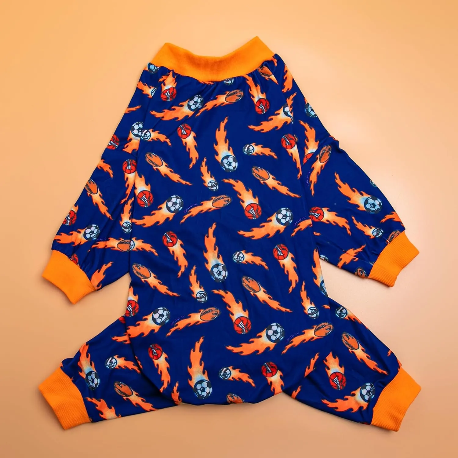 LovinPet Jammies for Pitbulls, Lightweight Stretchy Fabric, Ball Print, Post Surgery Dog Onesie, UV Protection, Pet Pajamas for Dogs, Easy to Wear Adorable Dog Jumpsuit, Blue M