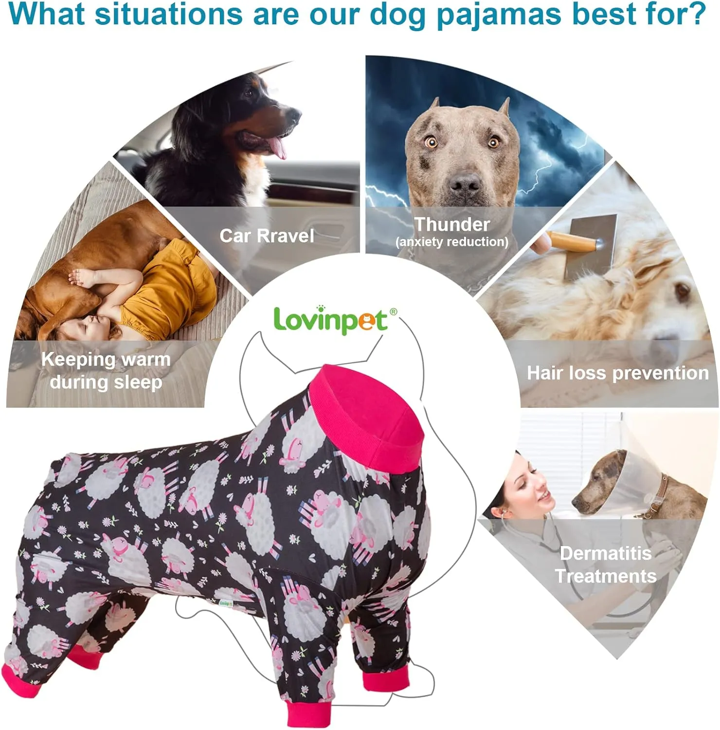 LovinPet Pet Pajamas for Large Dogs, Anxiety Calming Dog Jumpsuit, Lightweight Onesie, Black Sheep Print, Large Dog Pjs, Long Sleeve Pullover for Dogs, L