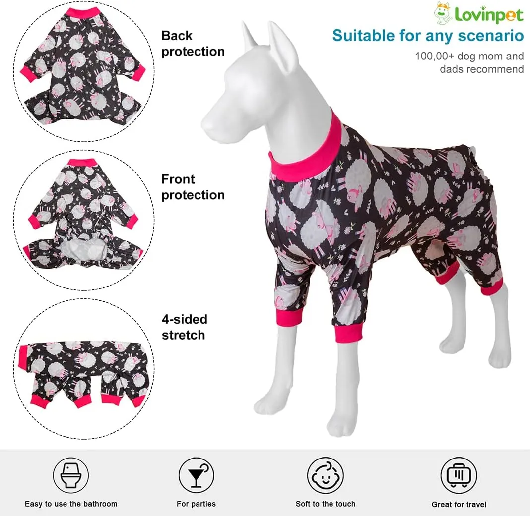 LovinPet Pet Pajamas for Large Dogs, Anxiety Calming Dog Jumpsuit, Lightweight Onesie, Black Sheep Print, Large Dog Pjs, Long Sleeve Pullover for Dogs, L
