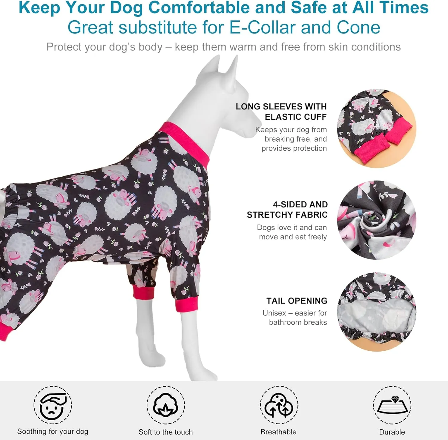 LovinPet Pet Pajamas for Large Dogs, Anxiety Calming Dog Jumpsuit, Lightweight Onesie, Black Sheep Print, Large Dog Pjs, Long Sleeve Pullover for Dogs, L