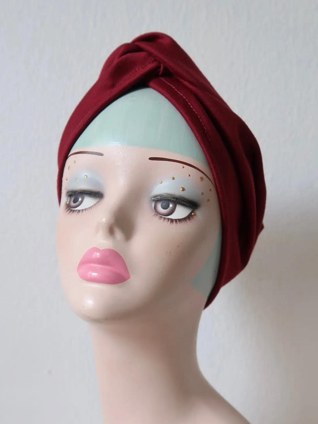 Made To Order: CLASSIC KNOT 1920s Pre-tied Stretchy Turban in 8 Colours: red, black, leopard, olive green, mustard, rust, grey & navy