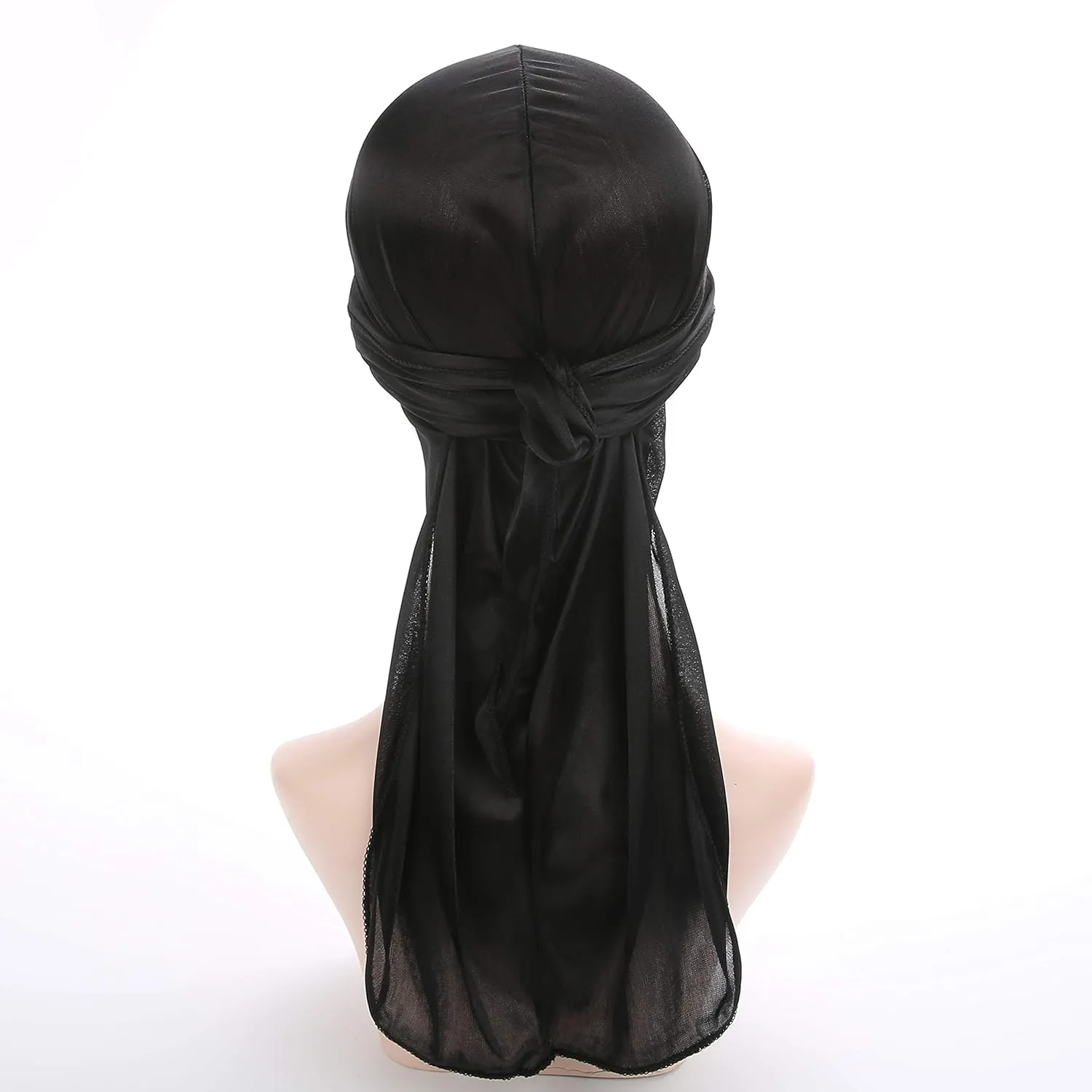 Men Women Durag Extra Long-Tail Headwraps Silky Satin Pirate Cap Bandana Hat for 360 Waves Black