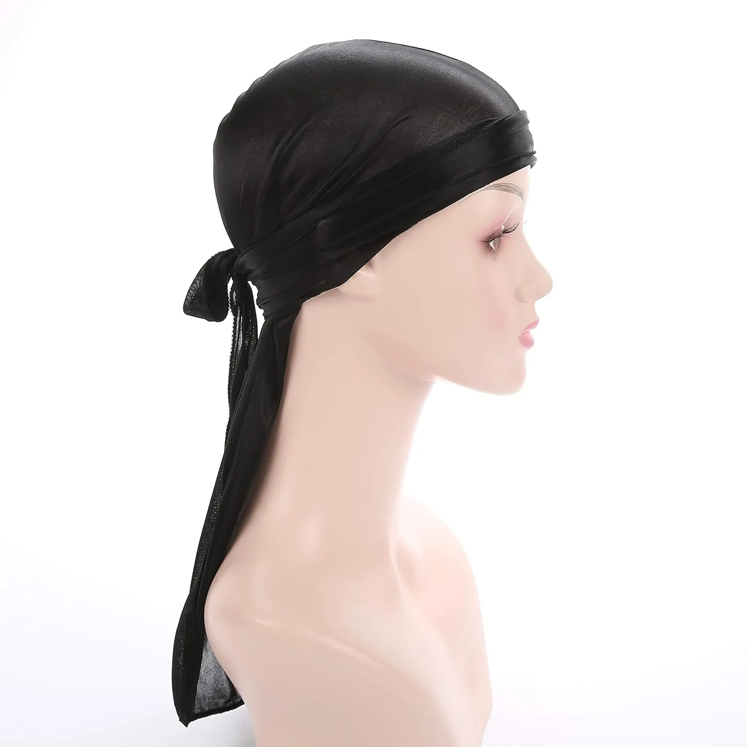 Men Women Durag Extra Long-Tail Headwraps Silky Satin Pirate Cap Bandana Hat for 360 Waves Black
