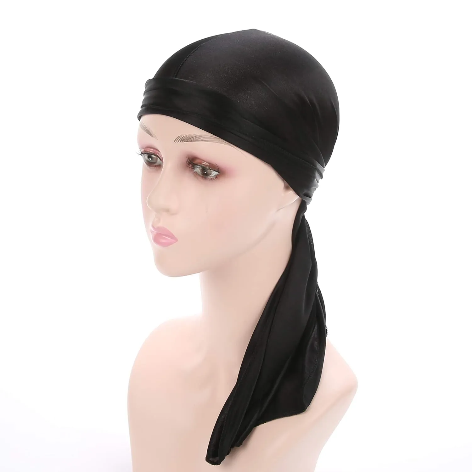 Men Women Durag Extra Long-Tail Headwraps Silky Satin Pirate Cap Bandana Hat for 360 Waves Black