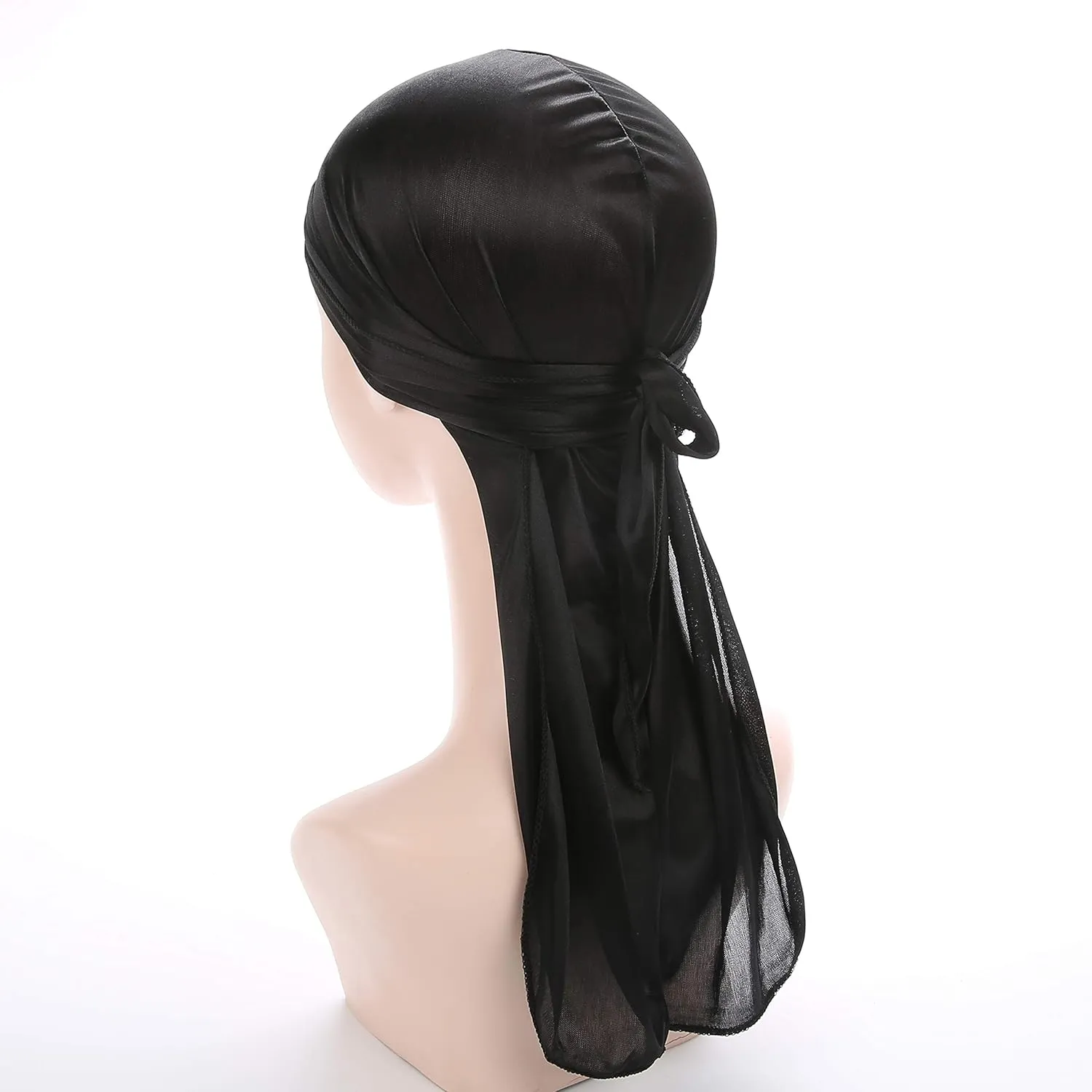 Men Women Durag Extra Long-Tail Headwraps Silky Satin Pirate Cap Bandana Hat for 360 Waves Black