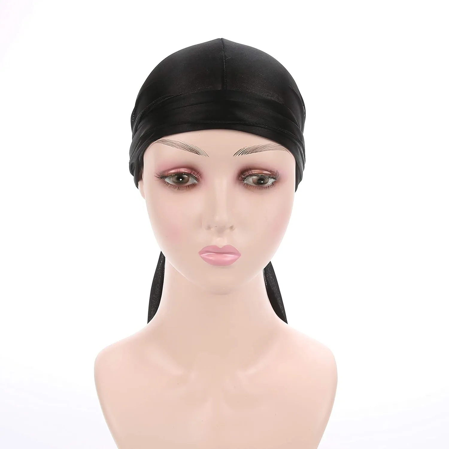 Men Women Durag Extra Long-Tail Headwraps Silky Satin Pirate Cap Bandana Hat for 360 Waves Black