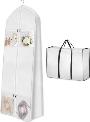 MISSLO Portable 70" Wedding Dress Garment Bag with Bride Tote Bag 8'' Gusseted Dress Bags for Gowns Long 4 Pockets Dress Cover for Women, White