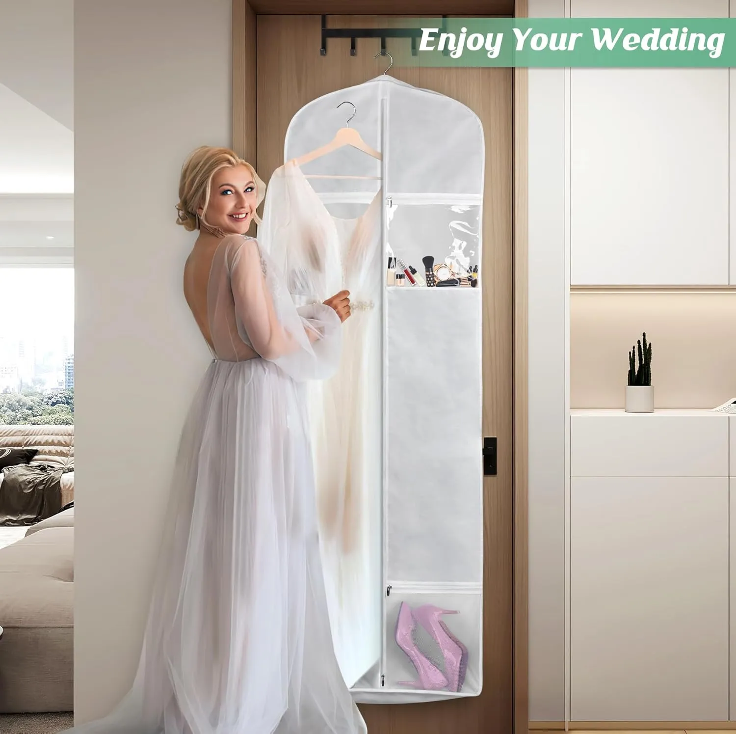 MISSLO Portable 70" Wedding Dress Garment Bag with Bride Tote Bag 8'' Gusseted Dress Bags for Gowns Long 4 Pockets Dress Cover for Women, White