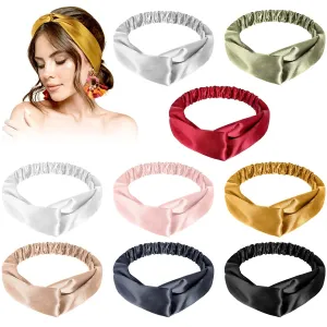MTLEE 9 Pieces Elastic Hair Wraps and Adjustable Satin Headbands Twisted Turban Band for Face Washing, Women and Girls Hair Accessory, 9 Colors