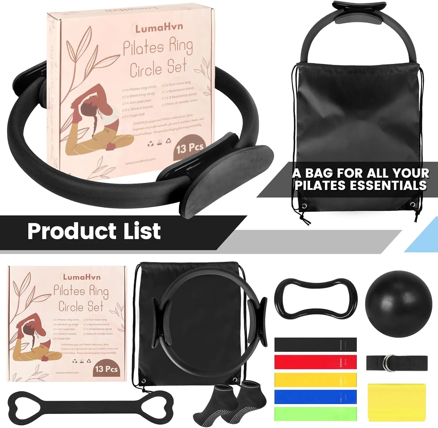 Pilates Ring Essentials Kit for Women, Home Workout Equipment Set with 9.8 Ball, Resistance Bands, Magic Circle, Accessories, Pilates Set for Beginners, Toning, Fitness Gift Idea