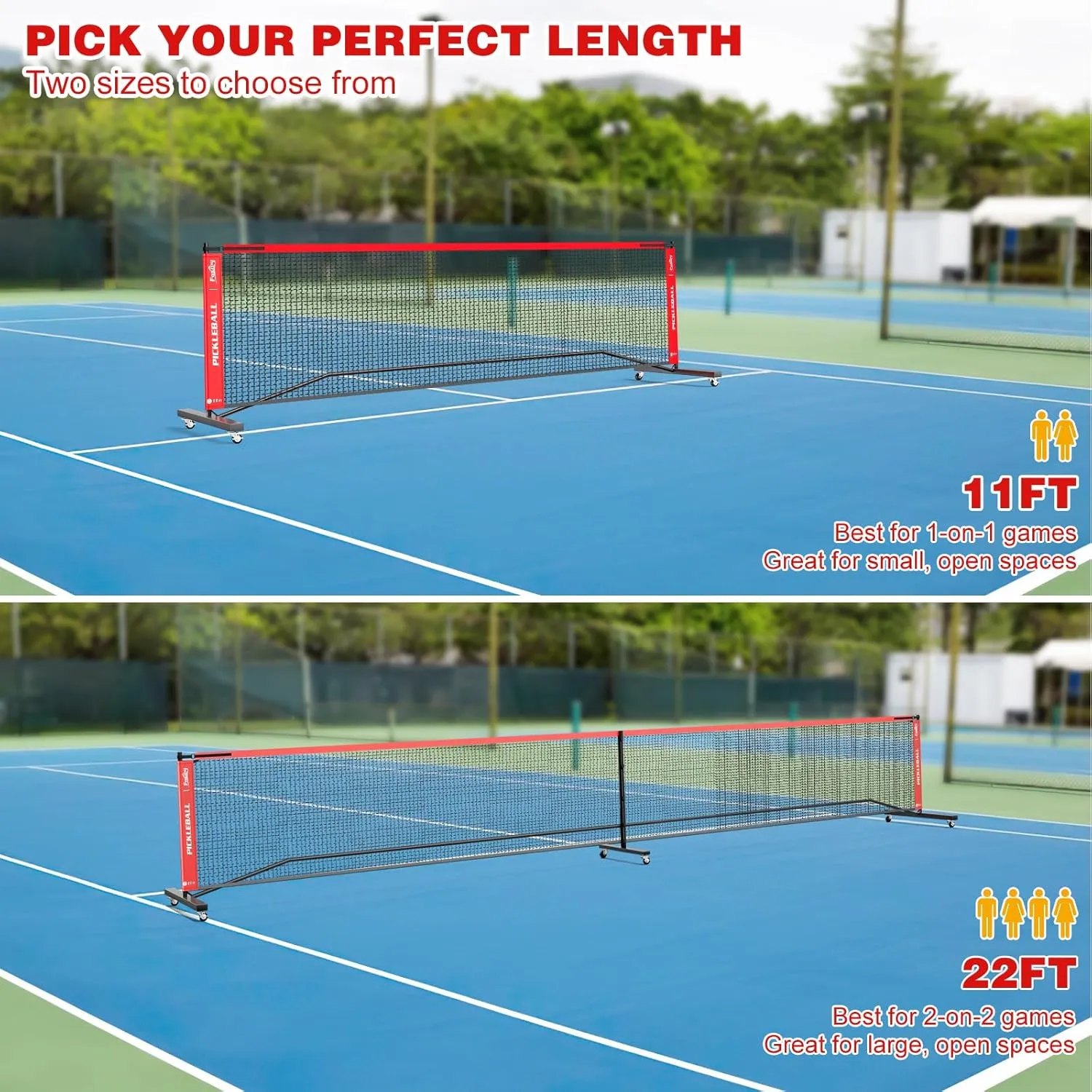 Portable Pickleball Net Set with Wheels, Regulation Size 22 FT & Half Court 11 FT, Steady Metal Frame Pickle Ball Net Set System with Carry Bag for Backyards, Driveways, and Garages