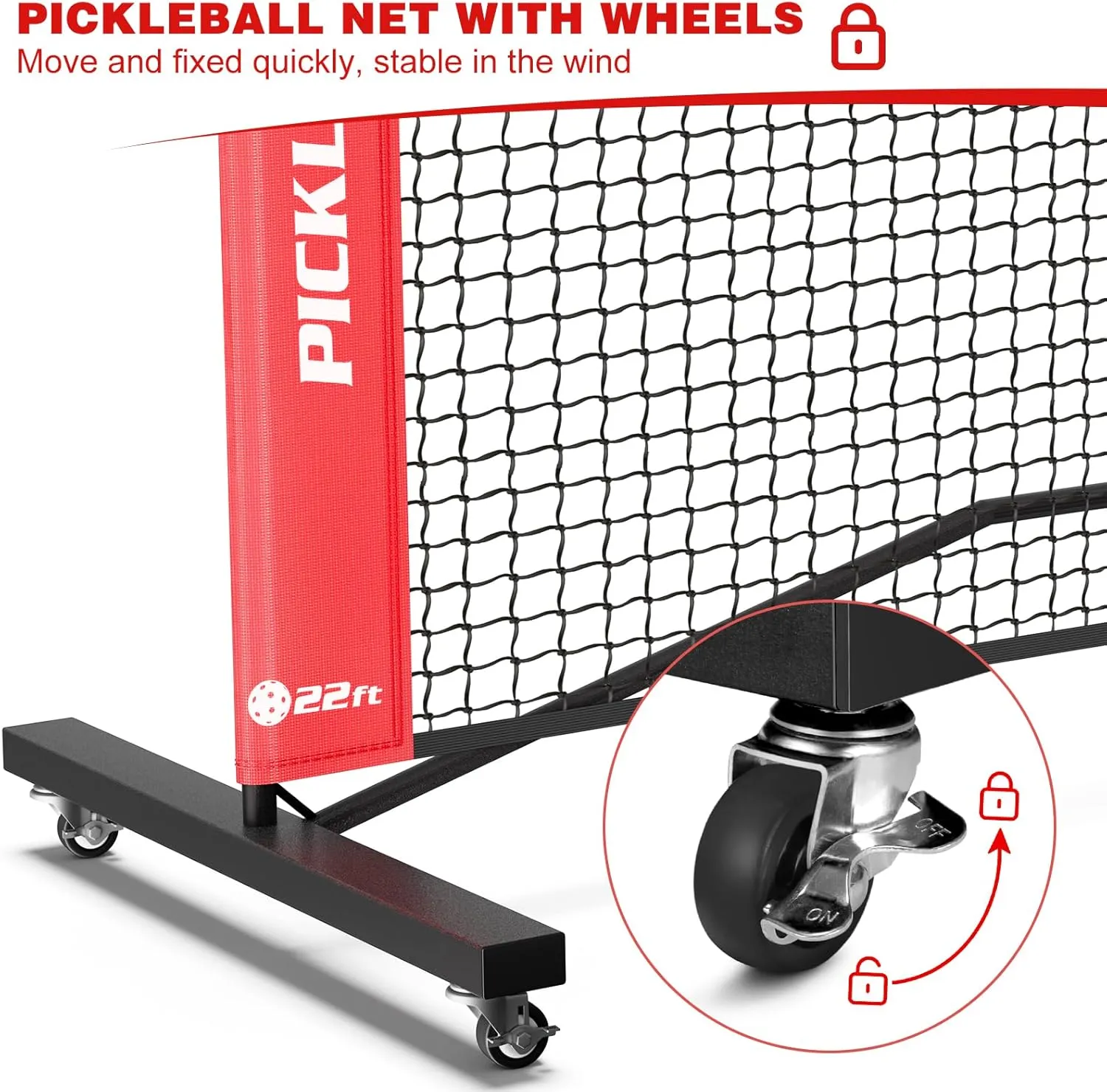 Portable Pickleball Net Set with Wheels, Regulation Size 22 FT & Half Court 11 FT, Steady Metal Frame Pickle Ball Net Set System with Carry Bag for Backyards, Driveways, and Garages